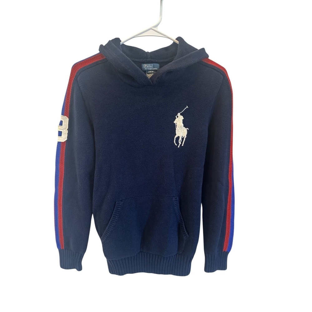 Polo Ralph Lauren Boys Hoodie Size L14-16 Navy Big Pony Logo Striped Sleeves